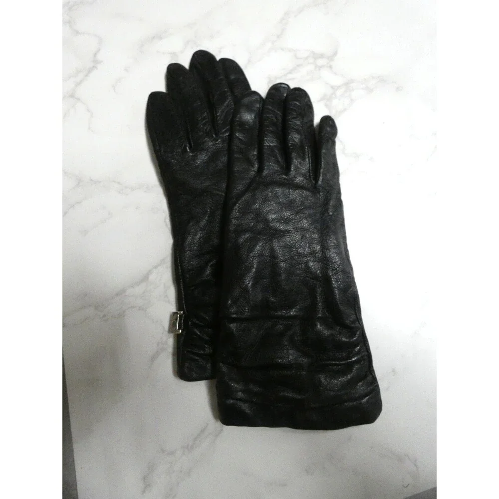 Nine West Women's L Black Leather Gloves Poly Knit Lined Ruched Wrists